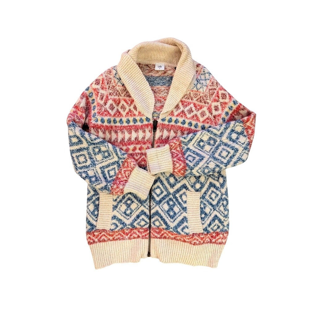 Cabi Women's Highlands Cardigan Fair Isle Full Zip‎ Shawl Collar Sweater- Size M